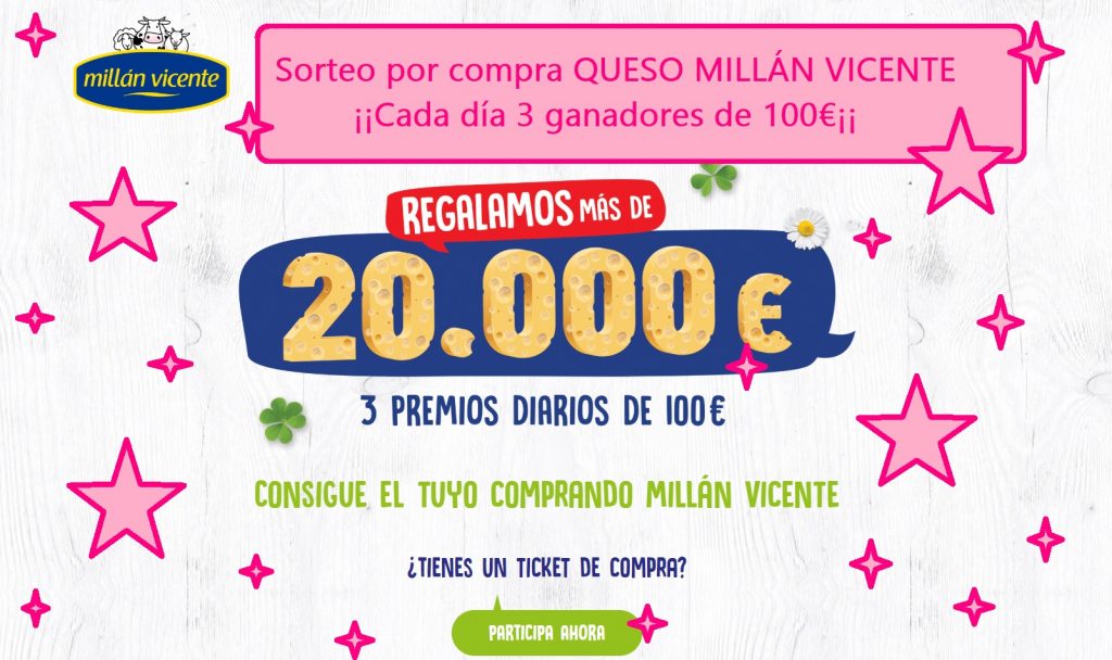 sorteo por compra quesos millán vicente. Cada día 3 ganadores de 100€