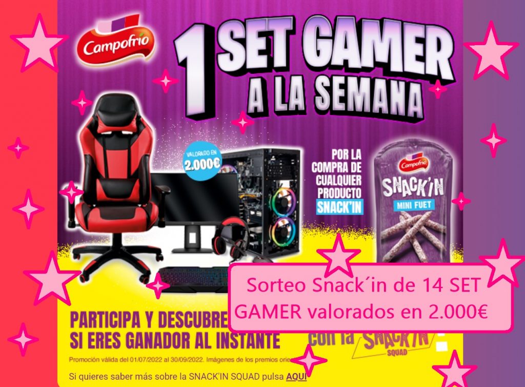 sorteo snack´in de 14 SET GAMER valorados en mas de 2.000 euros.