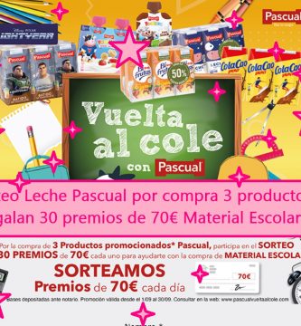sorteo leche pascual por compra de al menos 3 productos. Regalan 30 premios de 70 euros