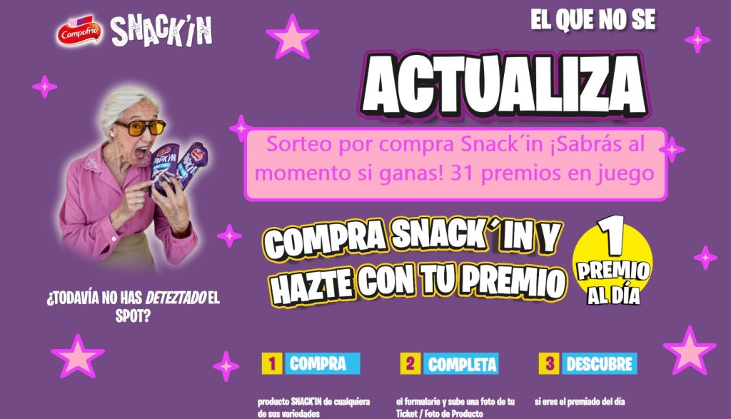 sorteo por compra snack´in. Hay 31 premios en juego y sabrás al momento de participar si ganas