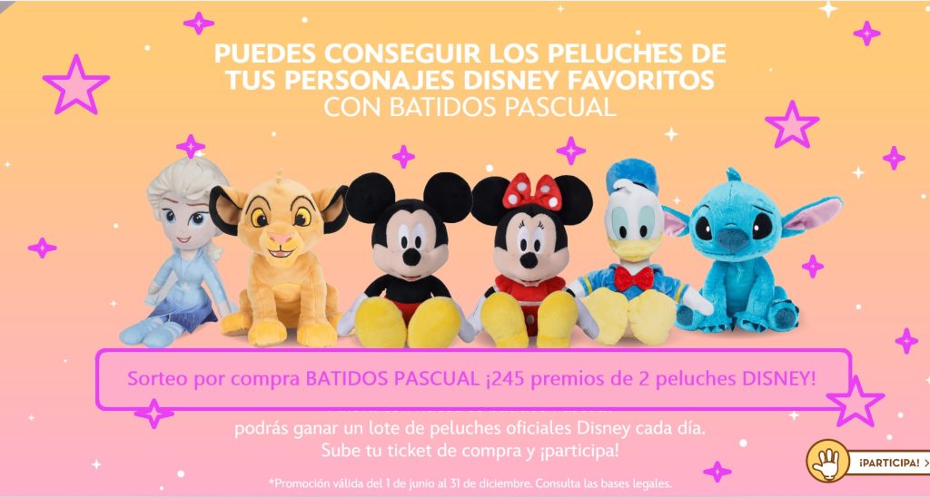 Sorteo por compra batidos pascual de 245 premios de 2 peluches DISNEY