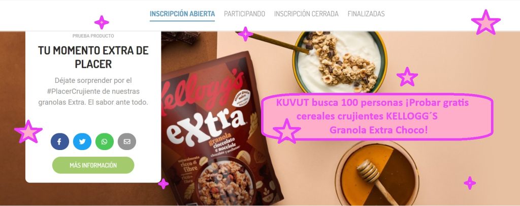 KUVUT busca 100 personas para Probar gratis cereales crujientes Granola Extra Choco de kelloggs