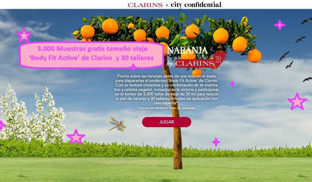 3.000 Muestras gratis de  ‘Body Fit Active’ de Clarins , tallas de viaje de 30 ml para reducir la piel de naranja y 30 talleres virtuales de aplicación con una experta.