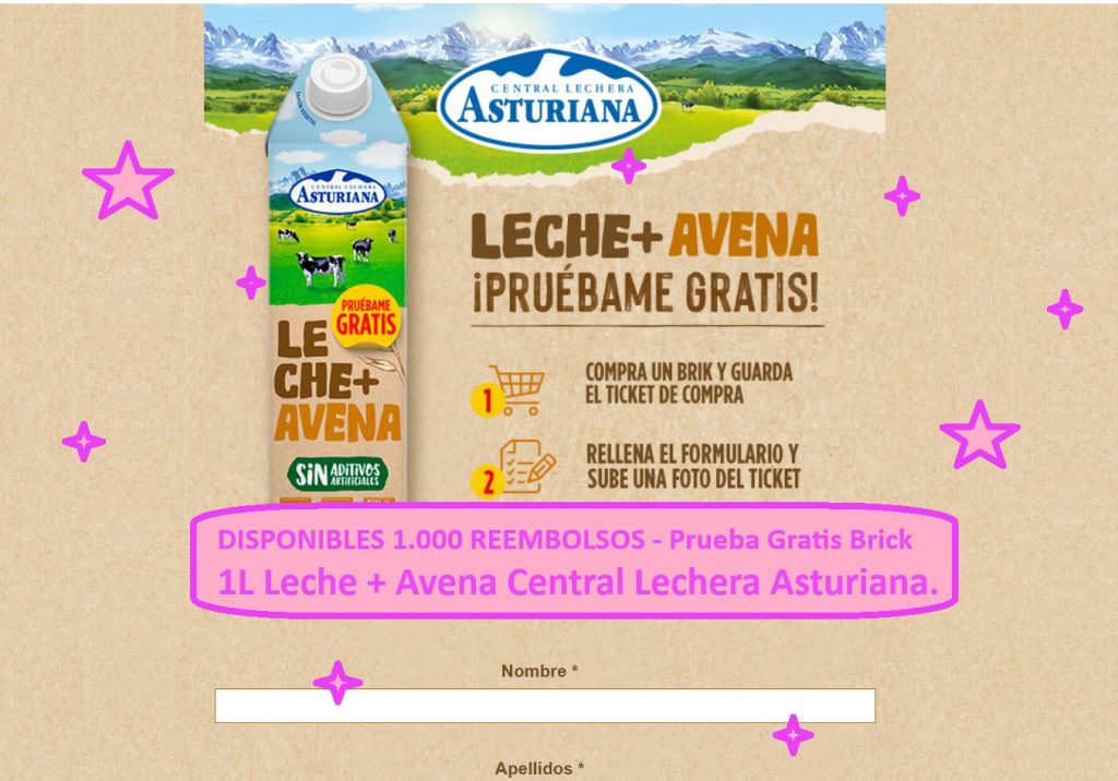 DISPONIBLES 1.000 REEMBOLSOS - Prueba Gratis Brick 1L Leche + Avena Central Lechera Asturiana.