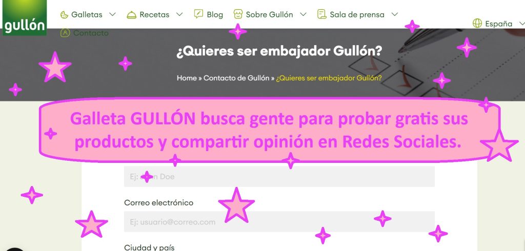 Galleta GULLÓN busca gente para probar gratis sus productos y compartir opinión en Redes Sociales.