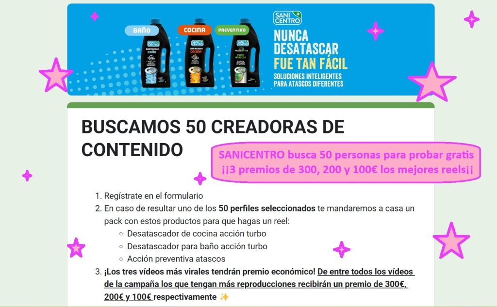 SANICENTRO busca 50 personas para probar gratis sus productos de mantenimiento tuberías