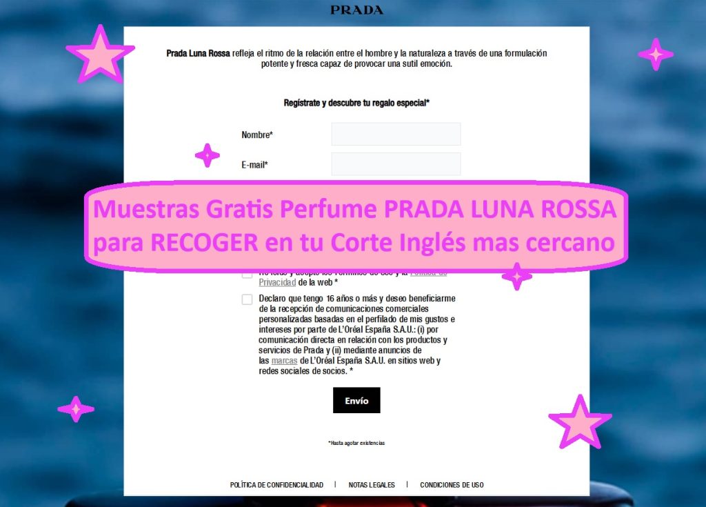 Muestras Gratis Perfume PRADA LUNA ROSSA para RECOGER en tu Corte Inglés mas cercano