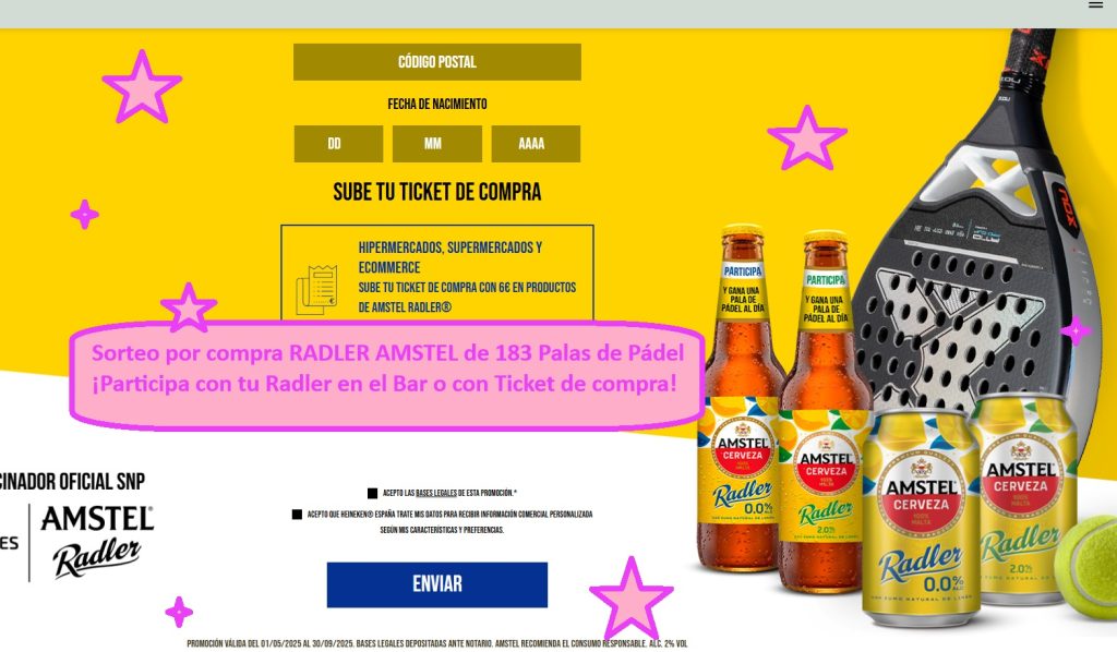 Sorteo por compra RADLER AMSTEL de 183 Palas de Pádel ¡Participa con tu Radler en el Bar o con Ticket de compra!