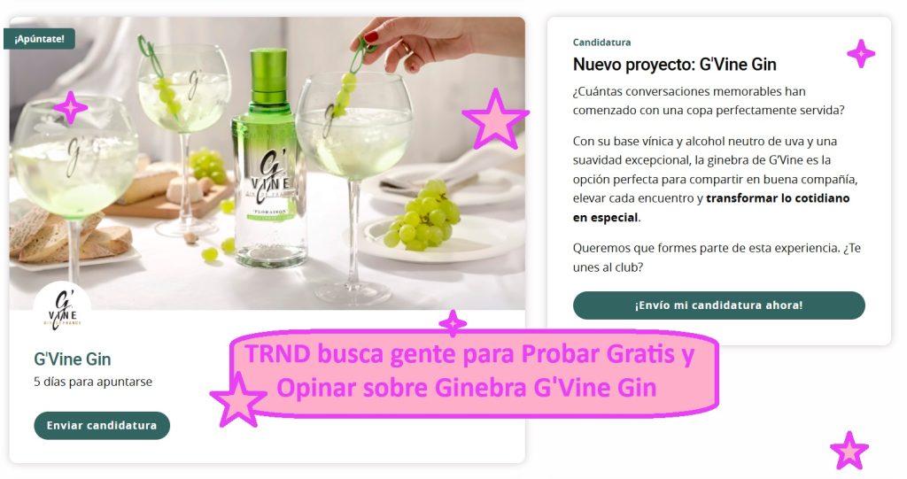 TRND busca gente para Probar Gratis y Opinar sobre Ginebra G'Vine Gin
