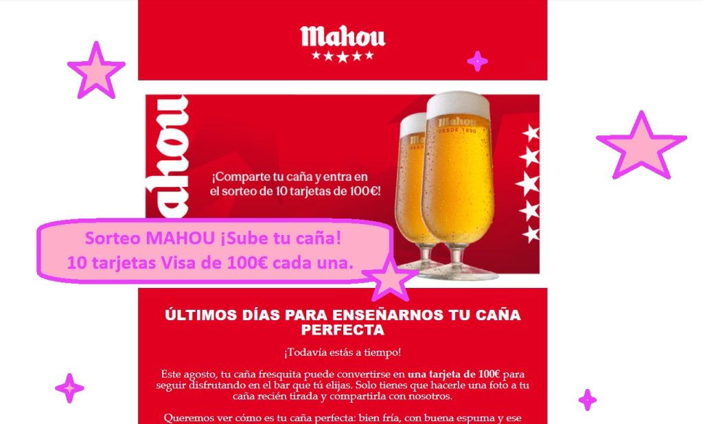 Sorteo MAHOU ¡Sube tu caña! Regalan 10 tarjetas de 100€
