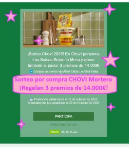 Sorteo por compra CHOVI Mortero de 3 premios de 14.000&euro;