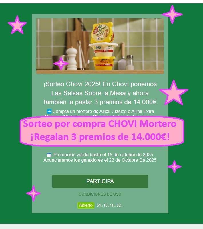 Sorteo por compra CHOVI Mortero de 3 premios de 14.000€