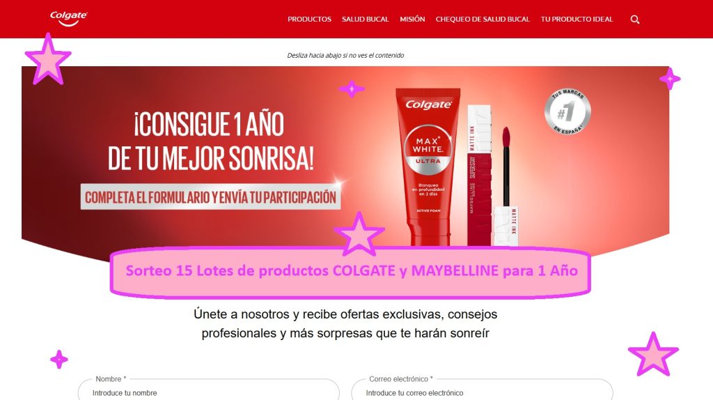 Sorteo 15 Lotes de productos COLGATE y MAYBELLINE para 1 Año