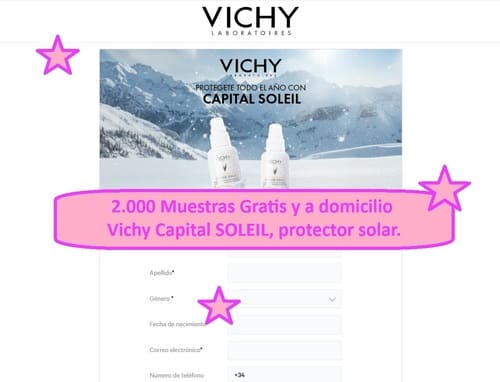 2.000 Muestras Gratis y a domicilio de Vichy Capital SOLEIL, protector solar.