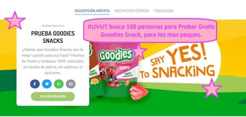 KUVUT busca 150 personas para Probar Gratis Goodies Snack, para los mas peques.