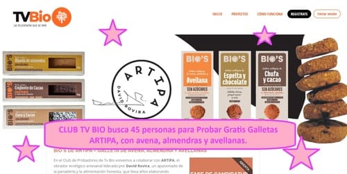 CLUB TV BIO busca 45 personas para Probar Gratis Galletas ARTIPA, con avena, almendras y avellanas.