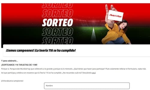 Sorteo MEDIAMARK de 116 Tarjetas Regalo con 116€ para celebrar MUNDIAL 2026