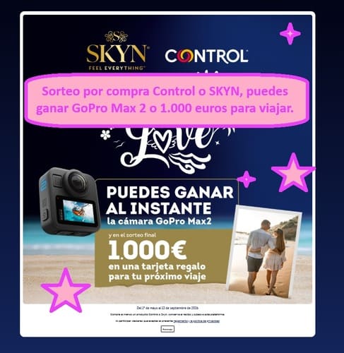 Sorteo por compra Control o SKYN, puedes ganar GoPro Max 2 o 1.000 euros para viajar.
