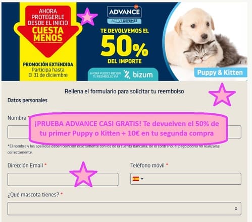 ¡PRUEBA ADVANCE CASI GRATIS! Te devuelven el 50% de tu primer Puppy o Kitten + 10€ en tu segunda compra