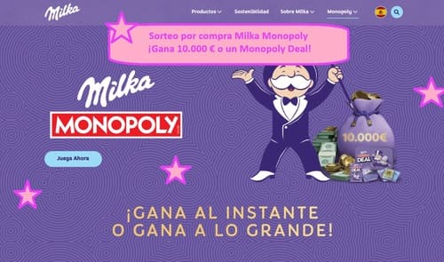 Sorteo por compra Milka Monopoly ¡Gana 10.000 € o un Monopoly Deal!