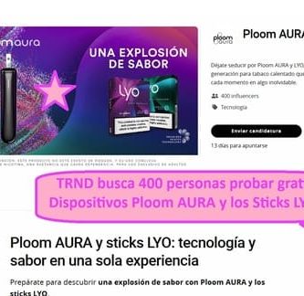 TRND busca 400 personas probar gratis Dispositivos Ploom AURA y los Sticks LYO.