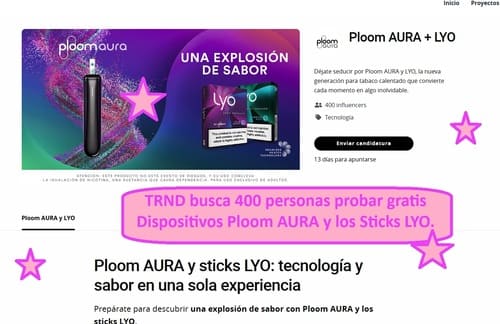 TRND busca 400 personas probar gratis Dispositivos Ploom AURA y los Sticks LYO.