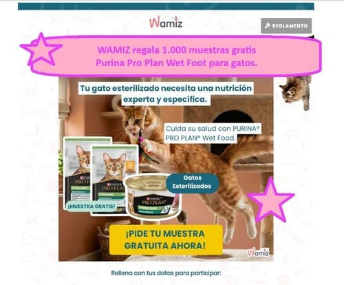 WAMIZ regala 1.000 muestras gratis Purina Pro Plan Wt Foot para gatos.