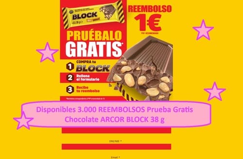 Disponibles 3.000 REEMBOLSOS Prueba Gratis Chocolate ARCOR BLOCK 38 g
